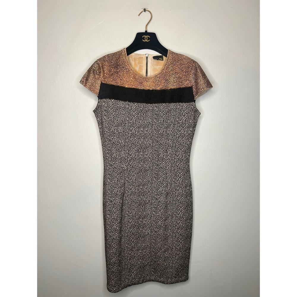 Fendi Contrast Animal Print Short Sleeve Bodycon Dress w/ Pony Hair Top S